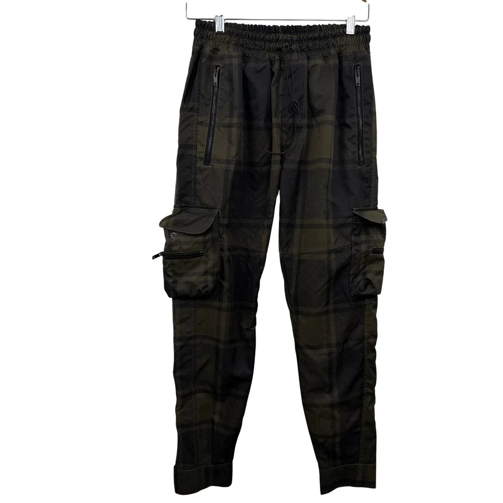 Represent Pants Mens Medium Olive Green Plaid Cargo Joggers Drawstring Waist